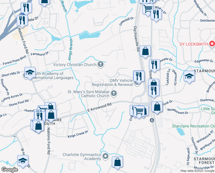 map of restaurants, bars, coffee shops, grocery stores, and more near 8735 Broomsage Lane in Charlotte
