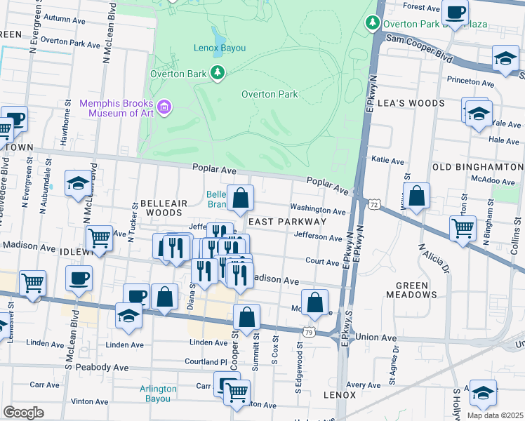 map of restaurants, bars, coffee shops, grocery stores, and more near 2180 Washington Avenue in Memphis