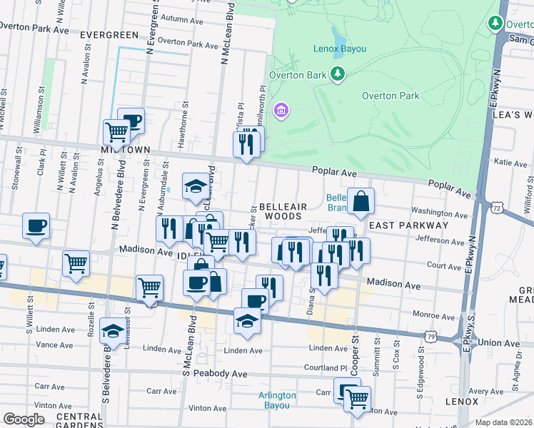 map of restaurants, bars, coffee shops, grocery stores, and more near 117 North Rembert Street in Memphis