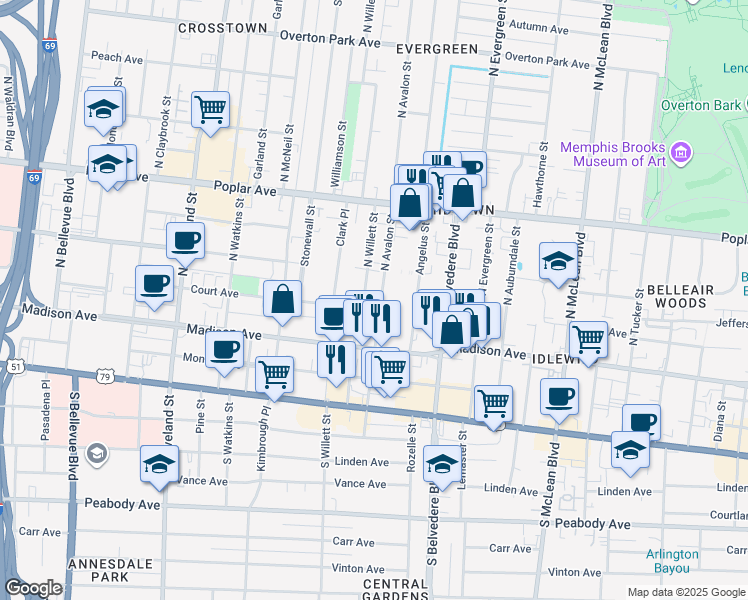 map of restaurants, bars, coffee shops, grocery stores, and more near 88 North Willett Street in Memphis