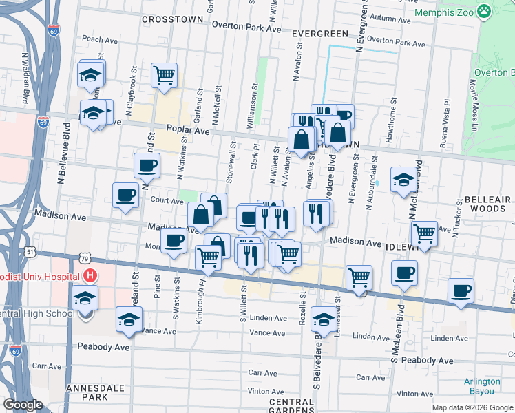 map of restaurants, bars, coffee shops, grocery stores, and more near 80 Clark Place in Memphis