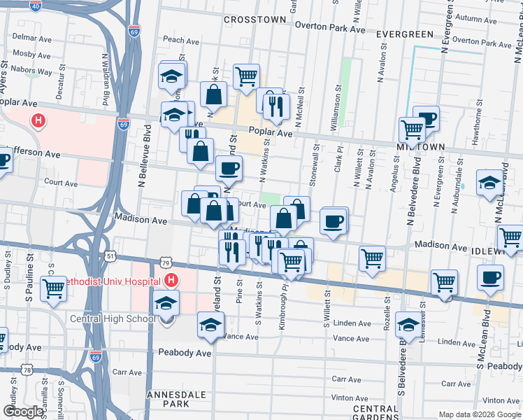 map of restaurants, bars, coffee shops, grocery stores, and more near 1414 Court Avenue in Memphis