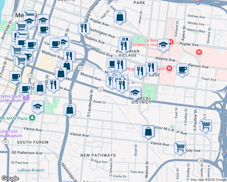 map of restaurants, bars, coffee shops, grocery stores, and more near 607 Monroe Avenue in Memphis