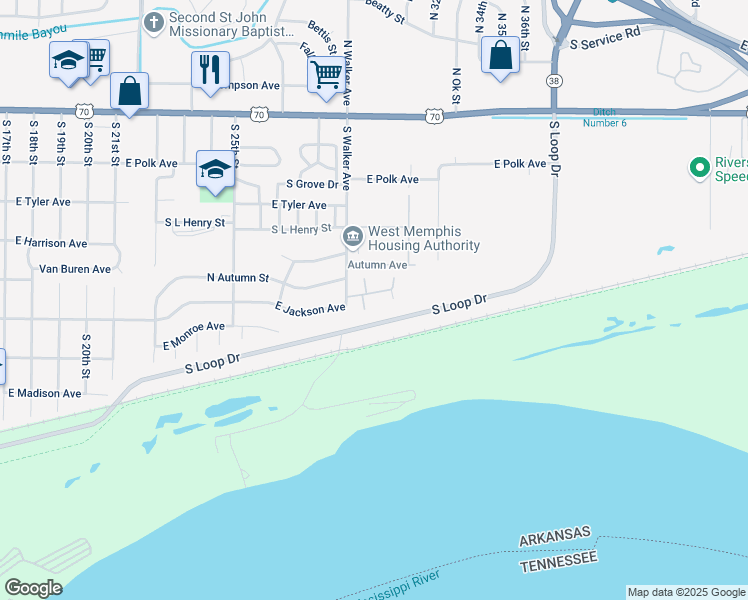 map of restaurants, bars, coffee shops, grocery stores, and more near 2949 Autumn Avenue in West Memphis