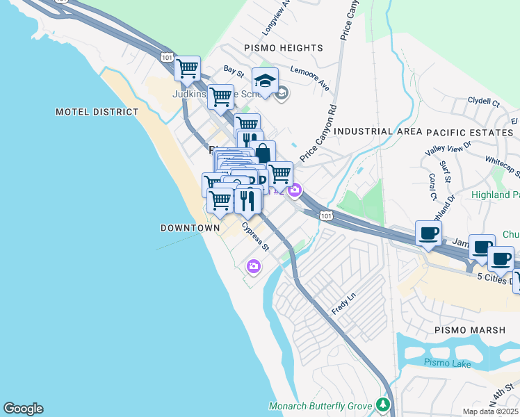 map of restaurants, bars, coffee shops, grocery stores, and more near 560 Dolliver Street in Pismo Beach