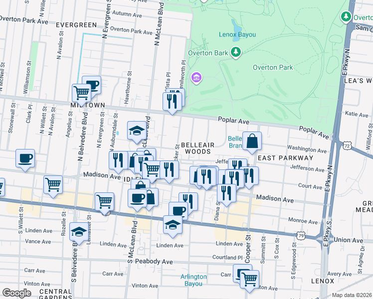 map of restaurants, bars, coffee shops, grocery stores, and more near 117 North Rembert Street in Memphis