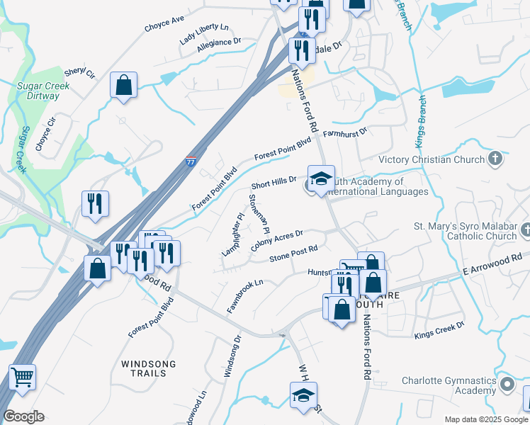 map of restaurants, bars, coffee shops, grocery stores, and more near 8100 Lamplighter Place in Charlotte