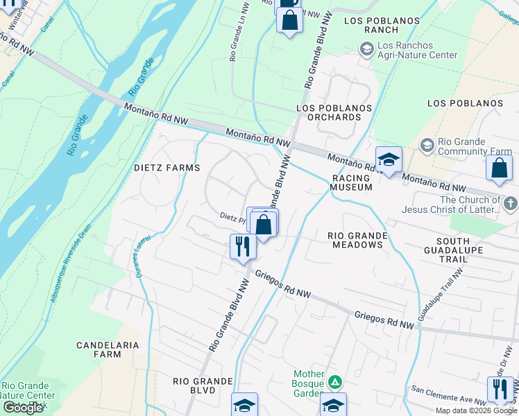 map of restaurants, bars, coffee shops, grocery stores, and more near 4131 Rio Grande Boulevard Northwest in Albuquerque