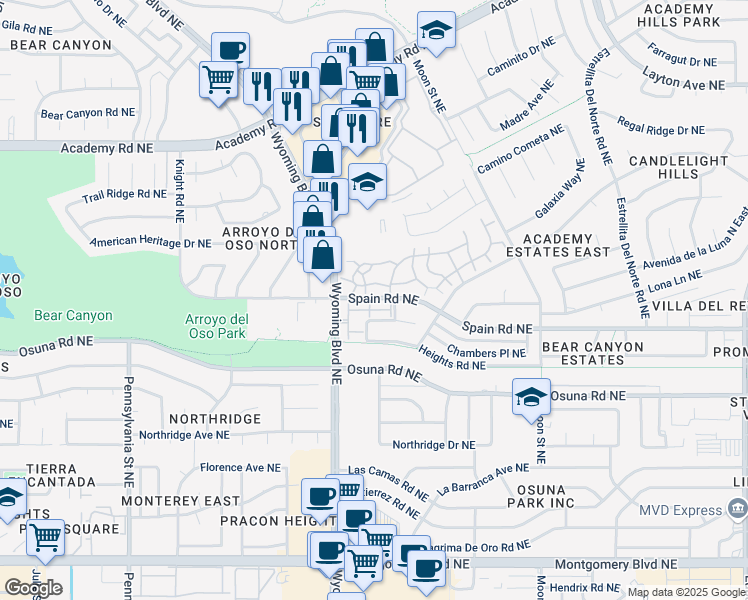 map of restaurants, bars, coffee shops, grocery stores, and more near 8416 Spain Road Northeast in Albuquerque