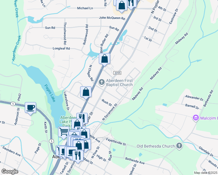 map of restaurants, bars, coffee shops, grocery stores, and more near 708A North Poplar Street in Aberdeen