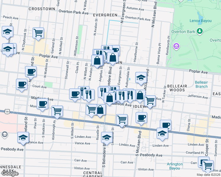 map of restaurants, bars, coffee shops, grocery stores, and more near 94 North Belvedere Boulevard in Memphis