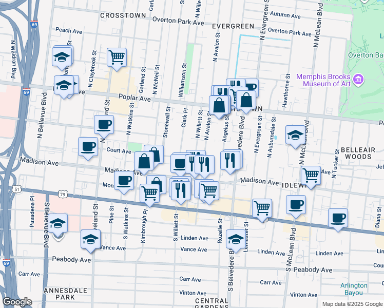 map of restaurants, bars, coffee shops, grocery stores, and more near 80 Clark Place in Memphis