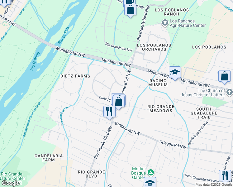 map of restaurants, bars, coffee shops, grocery stores, and more near 4131 Rio Grande Boulevard Northwest in Albuquerque