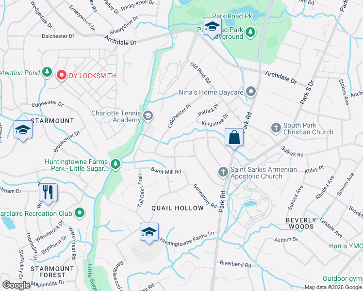map of restaurants, bars, coffee shops, grocery stores, and more near 3027 Northampton Drive in Charlotte