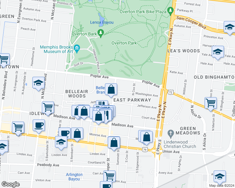 map of restaurants, bars, coffee shops, grocery stores, and more near 210 Washington Avenue in Memphis