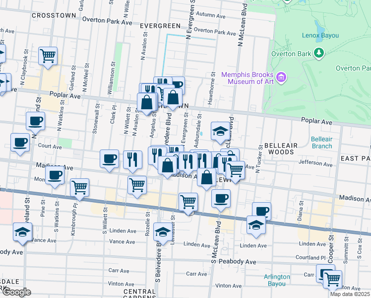 map of restaurants, bars, coffee shops, grocery stores, and more near 96 North Evergreen Street in Memphis