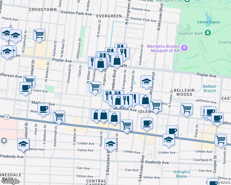 map of restaurants, bars, coffee shops, grocery stores, and more near 94 North Belvedere Boulevard in Memphis