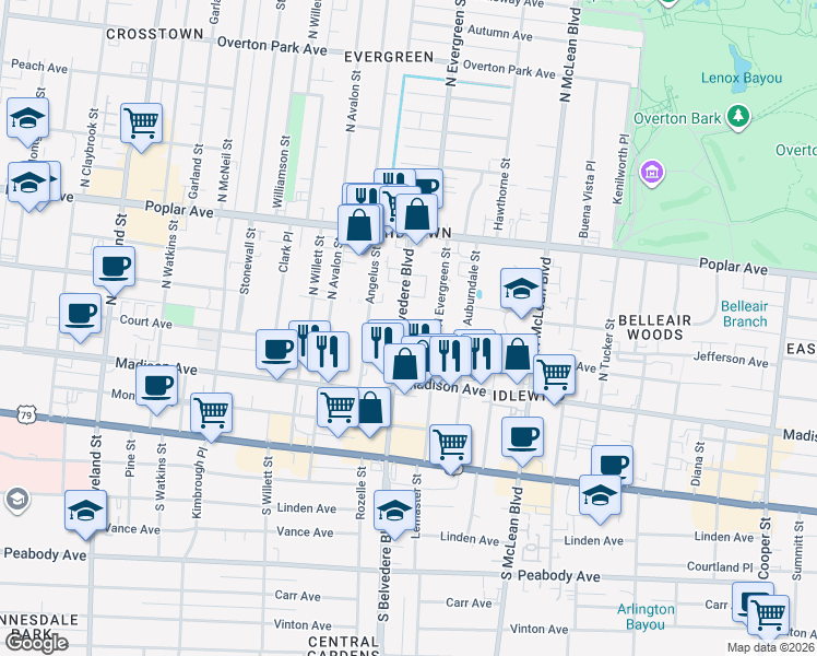 map of restaurants, bars, coffee shops, grocery stores, and more near 94 North Belvedere Boulevard in Memphis