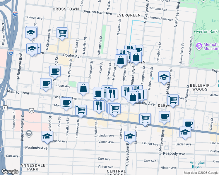 map of restaurants, bars, coffee shops, grocery stores, and more near 88 North Willett Street in Memphis