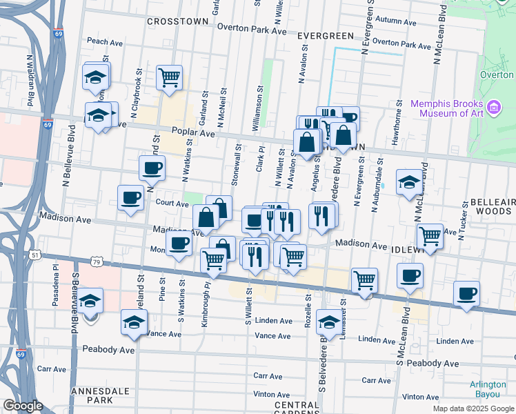 map of restaurants, bars, coffee shops, grocery stores, and more near 80 Clark Place in Memphis