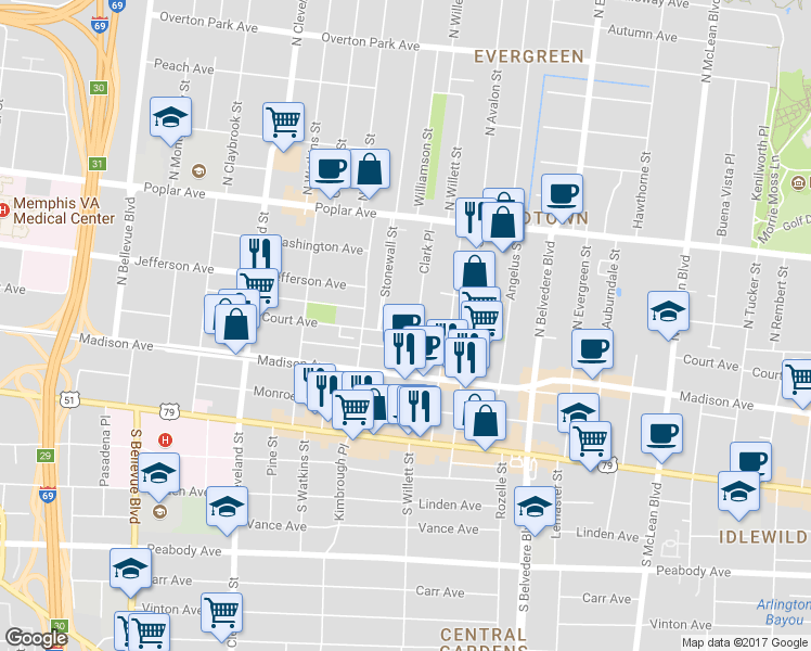 map of restaurants, bars, coffee shops, grocery stores, and more near 78 Stonewall Street in Memphis