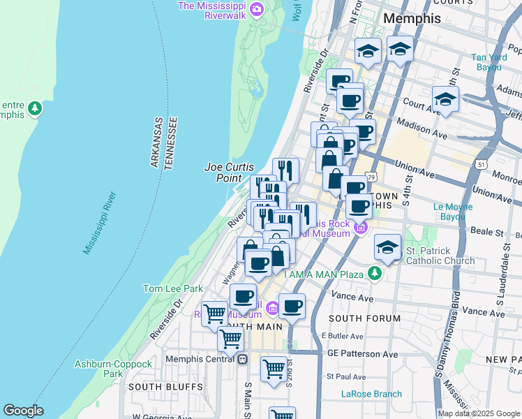map of restaurants, bars, coffee shops, grocery stores, and more near in Memphis