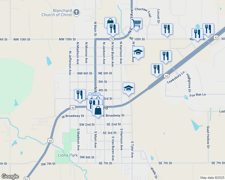 map of restaurants, bars, coffee shops, grocery stores, and more near 417 North Van Buren Avenue in Blanchard