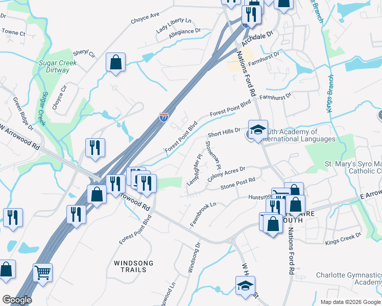 map of restaurants, bars, coffee shops, grocery stores, and more near in Charlotte