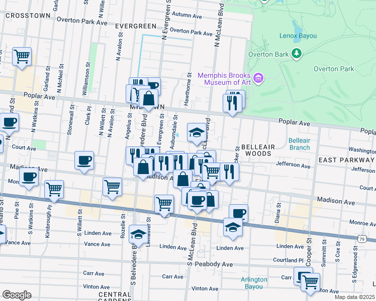 map of restaurants, bars, coffee shops, grocery stores, and more near 61 North McLean Boulevard in Memphis