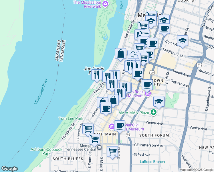 map of restaurants, bars, coffee shops, grocery stores, and more near 1 Doctor Martin Luther King, Jr. Avenue in Memphis