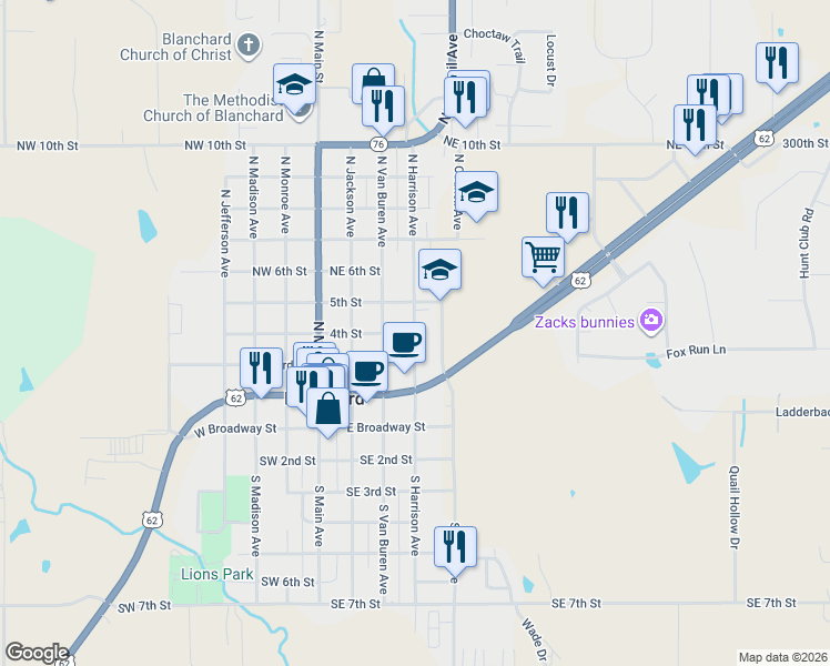 map of restaurants, bars, coffee shops, grocery stores, and more near 400 North Harrison Avenue in Blanchard