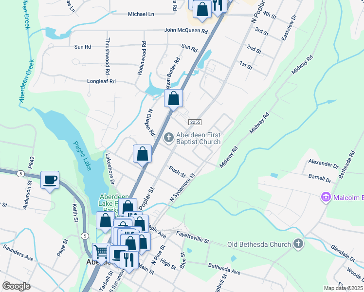 map of restaurants, bars, coffee shops, grocery stores, and more near 708A North Poplar Street in Aberdeen