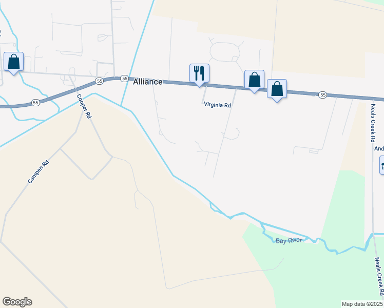 map of restaurants, bars, coffee shops, grocery stores, and more near 399 Cowell Road in Bayboro