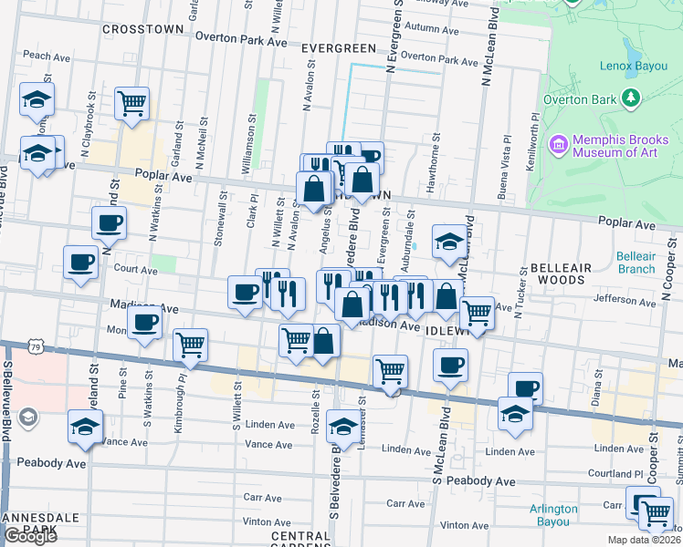 map of restaurants, bars, coffee shops, grocery stores, and more near 77 North Belvedere Boulevard in Memphis