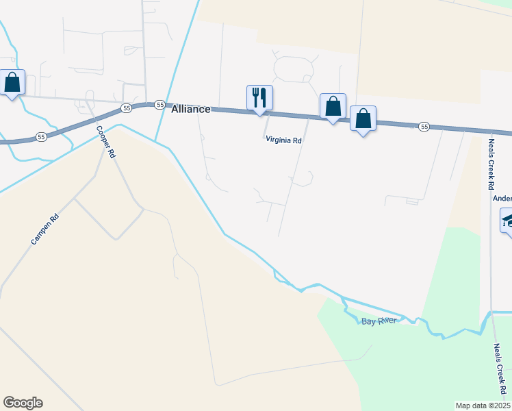 map of restaurants, bars, coffee shops, grocery stores, and more near 399 Cowell Road in Bayboro