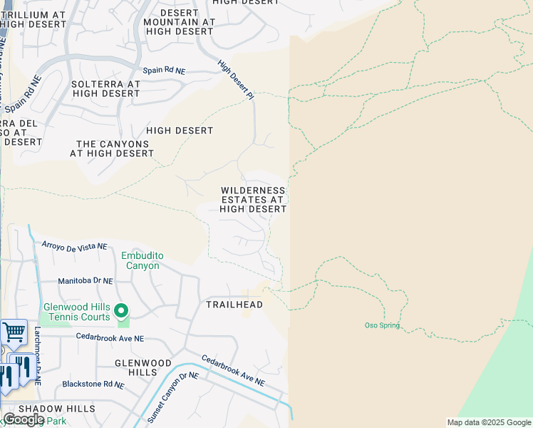 map of restaurants, bars, coffee shops, grocery stores, and more near 13601 Wilderness Tr Northeast in Albuquerque