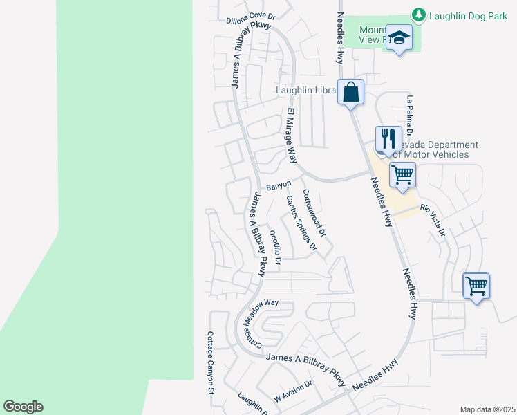 map of restaurants, bars, coffee shops, grocery stores, and more near 3160 James A Bilbray Parkway in Laughlin