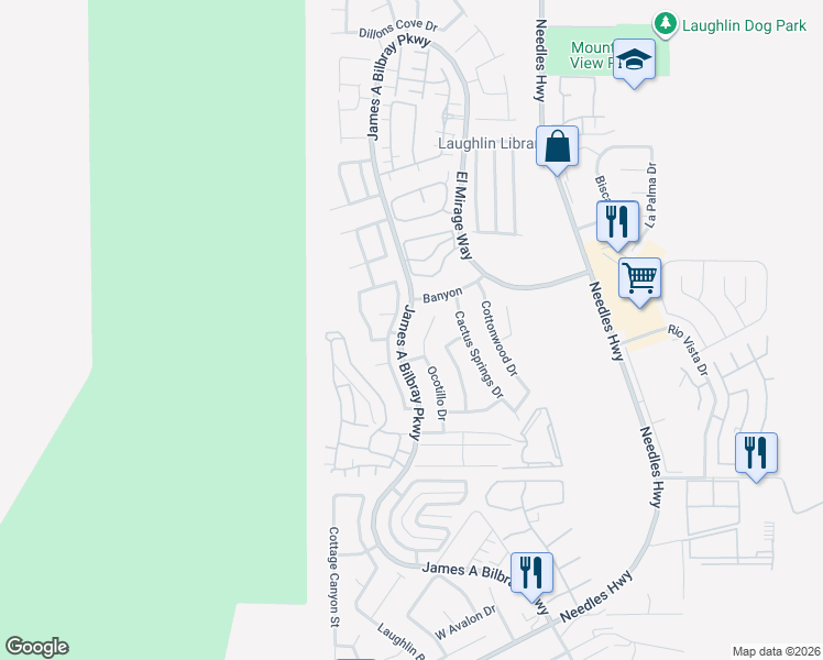 map of restaurants, bars, coffee shops, grocery stores, and more near 3160 James A Bilbray Parkway in Laughlin
