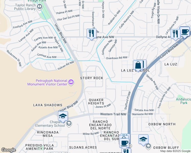 map of restaurants, bars, coffee shops, grocery stores, and more near Story Rock Street Northwest in Albuquerque