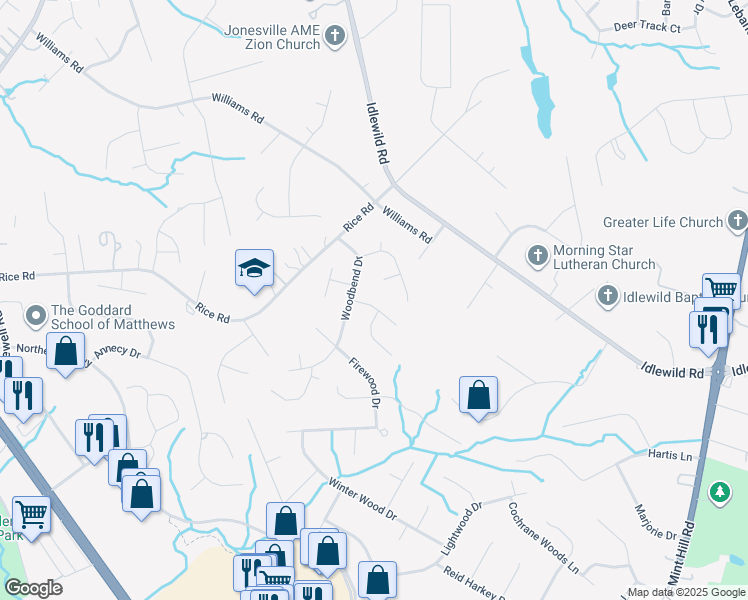 map of restaurants, bars, coffee shops, grocery stores, and more near 12225 Woodbend Drive in Matthews