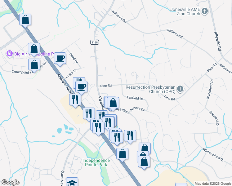 map of restaurants, bars, coffee shops, grocery stores, and more near 2116 Rice Road in Matthews