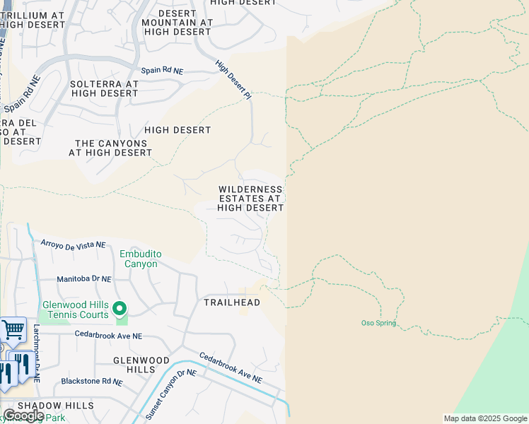 map of restaurants, bars, coffee shops, grocery stores, and more near 13601 Wilderness Tr Northeast in Albuquerque