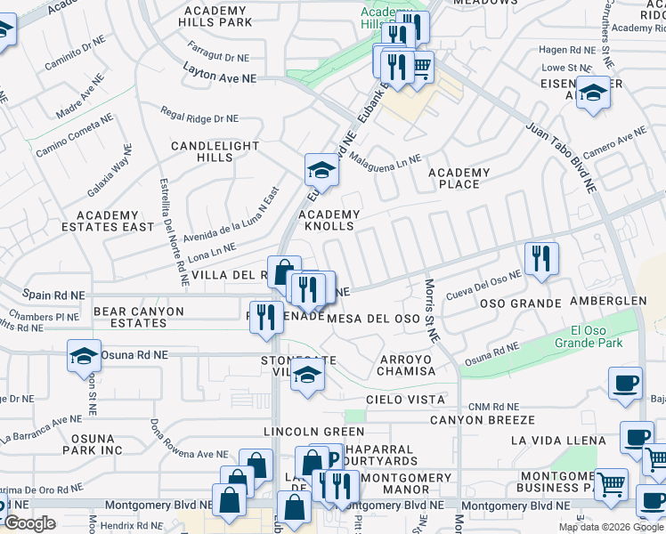 map of restaurants, bars, coffee shops, grocery stores, and more near 5324 Lucille Drive Northeast in Albuquerque
