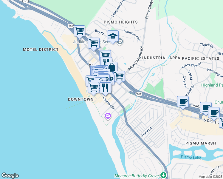 map of restaurants, bars, coffee shops, grocery stores, and more near in Pismo Beach