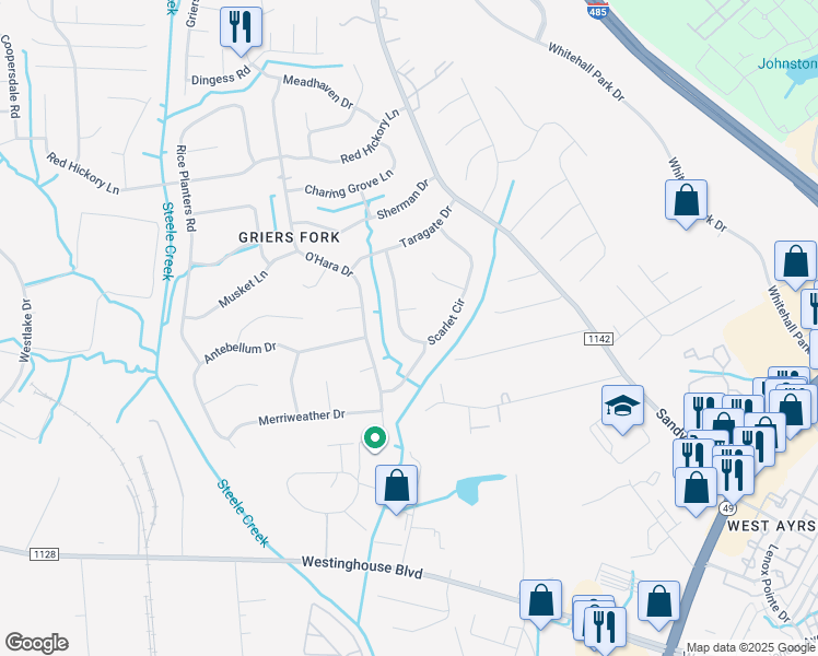 map of restaurants, bars, coffee shops, grocery stores, and more near 2627 Scarlet Circle in Charlotte