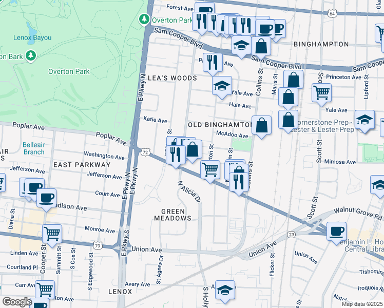 map of restaurants, bars, coffee shops, grocery stores, and more near 199 North Merton Street in Memphis