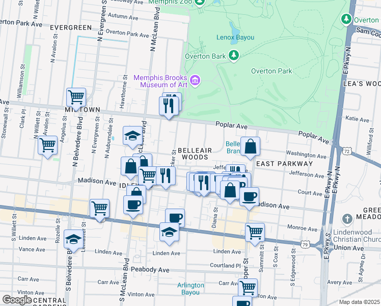 map of restaurants, bars, coffee shops, grocery stores, and more near 117 North Rembert Street in Memphis