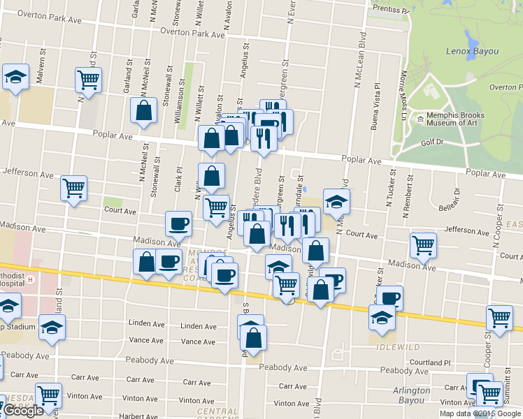 map of restaurants, bars, coffee shops, grocery stores, and more near 94 North Belvedere Boulevard in Memphis
