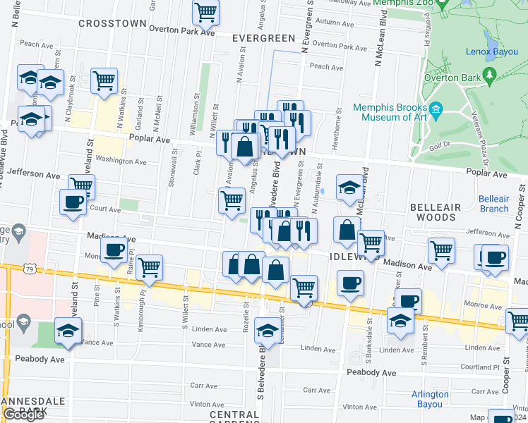 map of restaurants, bars, coffee shops, grocery stores, and more near 94 North Belvedere Boulevard in Memphis
