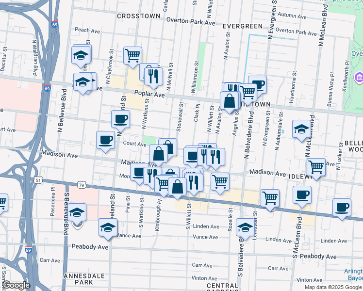 map of restaurants, bars, coffee shops, grocery stores, and more near 78 Stonewall Street in Memphis